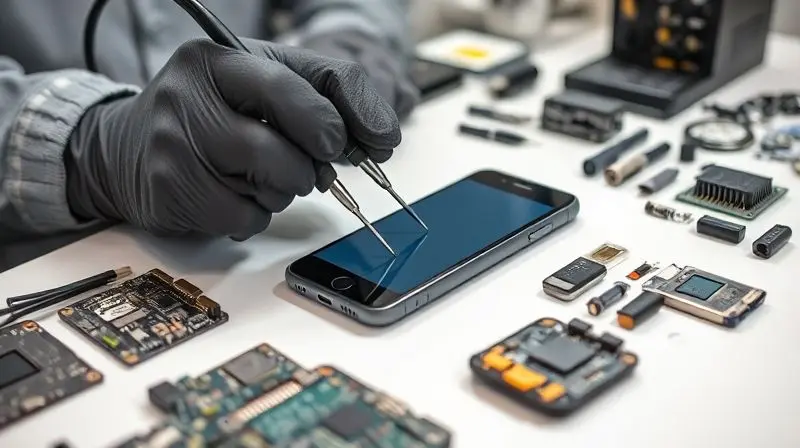Mãos de um técnico profissional usando ferramentas de precisão para consertar um smartphone em uma bancada de assistência técnica.