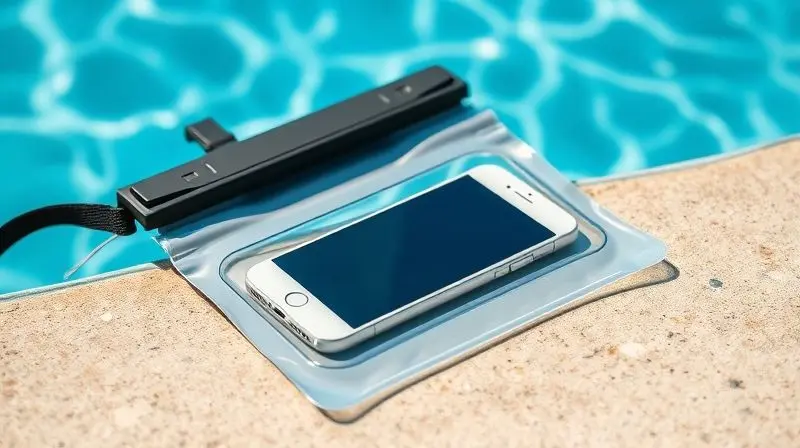 Um smartphone protegido dentro de uma bolsa à prova d'água na beira de uma piscina, ilustrando a prevenção de acidentes com água.