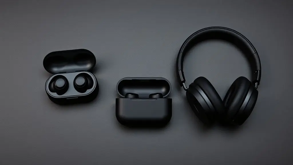 Análise comparativa entre um fone de ouvido TWS intra-auricular e um headphone over-ear, mostrando os dois produtos lado a lado em um fundo escuro.