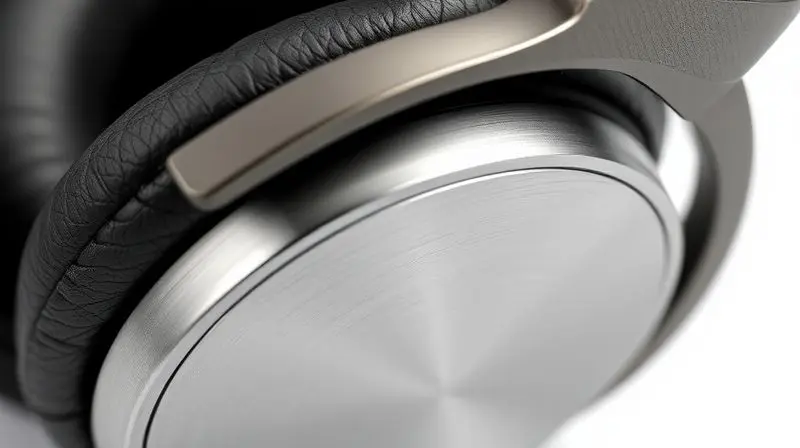 Detalhe dos materiais de alta qualidade de um fone de ouvido, destacando a textura do couro e o acabamento em metal escovado.