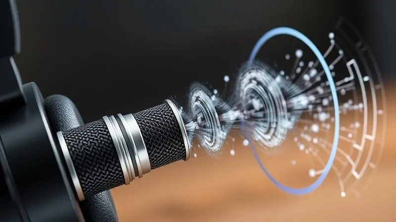 Ilustração conceitual de um microfone de fone de ouvido captando ondas sonoras claras enquanto bloqueia visualmente ruídos externos de um ambiente.