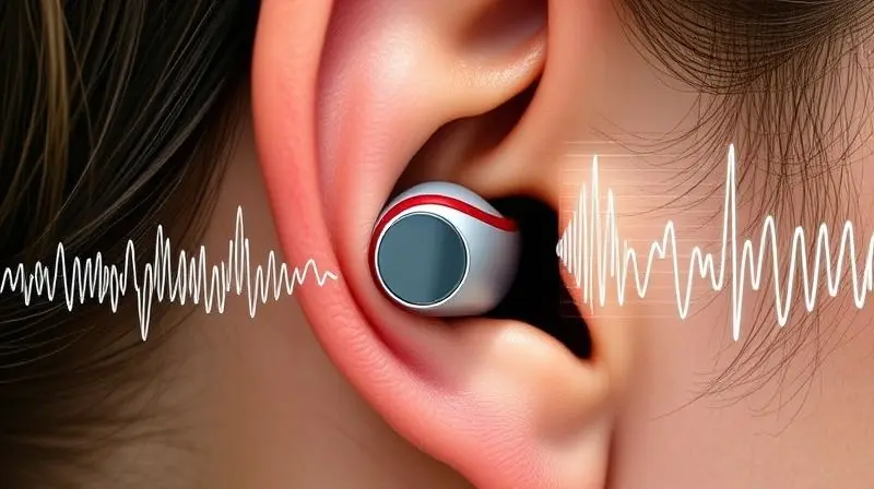 Conceito visual do cancelamento de ruído em um fone, mostrando ondas sonoras de ruído sendo bloqueadas enquanto o som limpo entra no ouvido.