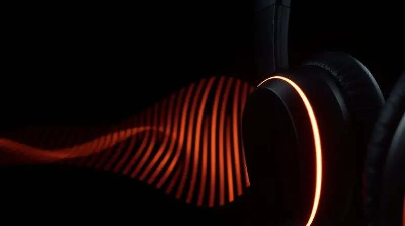 Imagem conceitual de ondas sonoras visuais emanando do fone de ouvido para ilustrar a alta qualidade de áudio e desempenho.
