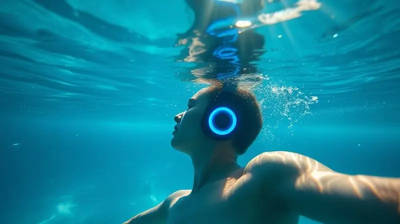 Imagem conceitual de uma pessoa nadando em uma piscina com ondas sonoras azuis visíveis, ilustrando a experiência de áudio subaquático.
