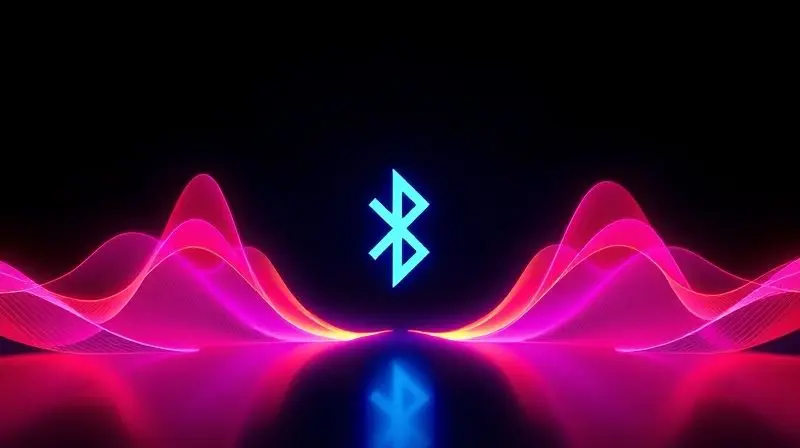 Ilustração conceitual da qualidade sonora e da conexão Bluetooth estável, mostrando ondas sonoras vibrantes se conectando a um ícone de Bluetooth.