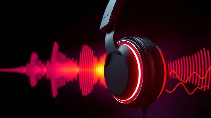 Visualização de ondas sonoras saindo de um fone de ouvido, representando a qualidade sonora e a performance de áudio do aparelho.