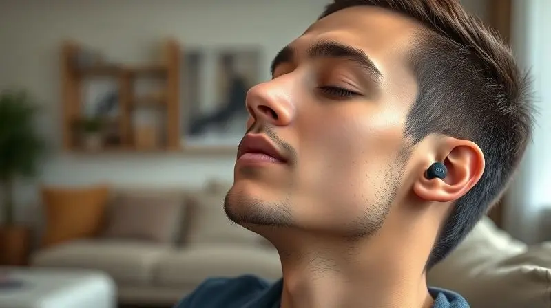 Pessoa relaxada em um ambiente moderno, com olhos fechados, aproveitando a experiência sonora imersiva dos fones Philips TAT1108BK.