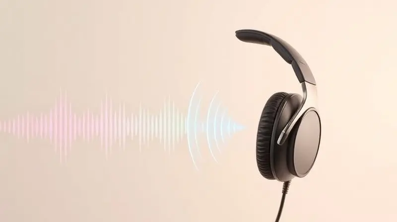 Ilustração conceitual da qualidade sonora e da recepção de sinal FM em um fone de ouvido, com ondas sonoras nítidas entrando no aparelho.