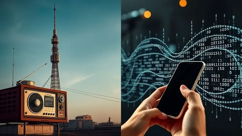 Imagem conceitual que compara as ondas de rádio analógicas com os dados de streaming digital para ilustrar a diferença entre as tecnologias.