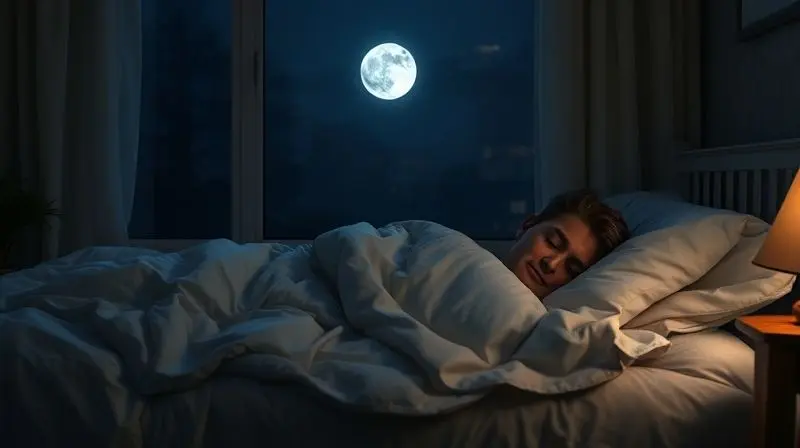 Pessoa dormindo tranquilamente em um quarto escuro e confortável, demonstrando o efeito da melatonina na regulação do sono e combate à insônia.