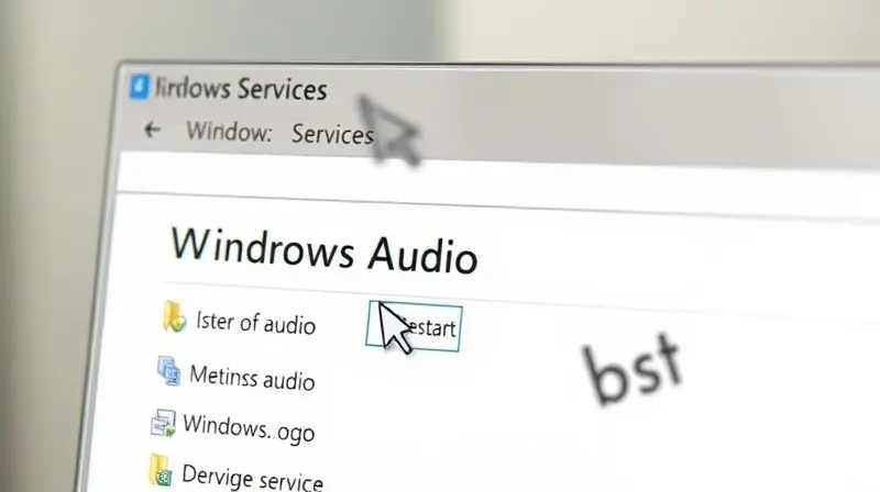 Tela dos Serviços do Windows com o serviço 'Windows Audio' destacado, prestes a ser reiniciado para corrigir falhas de som.