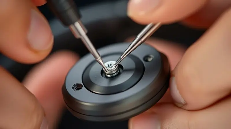 Close-up mostrando a remoção cuidadosa de um parafuso da carcaça de um fone de ouvido bluetooth com uma chave de fenda de precisão.
