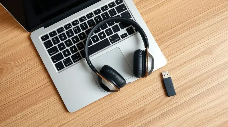 Itens necessários para conectar um fone Bluetooth ao PC: um fone sem fio, um notebook e um adaptador bluetooth em uma mesa.