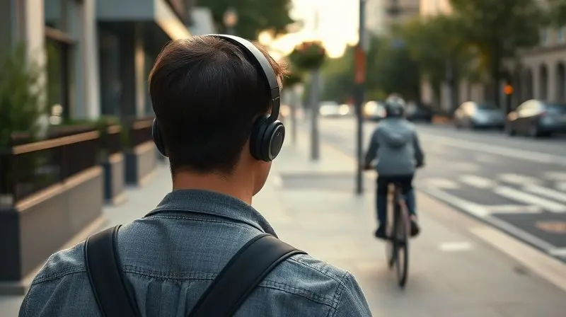Pessoa andando na rua com fones de ouvido com cancelamento de ruído, ilustrando o risco de não perceber os sons ao redor, como uma bicicleta.