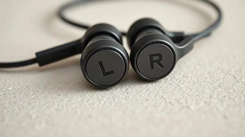 Close-up de fones de ouvido mostrando claramente as marcações 'L' e 'R' para identificar o lado esquerdo e direito corretamente.