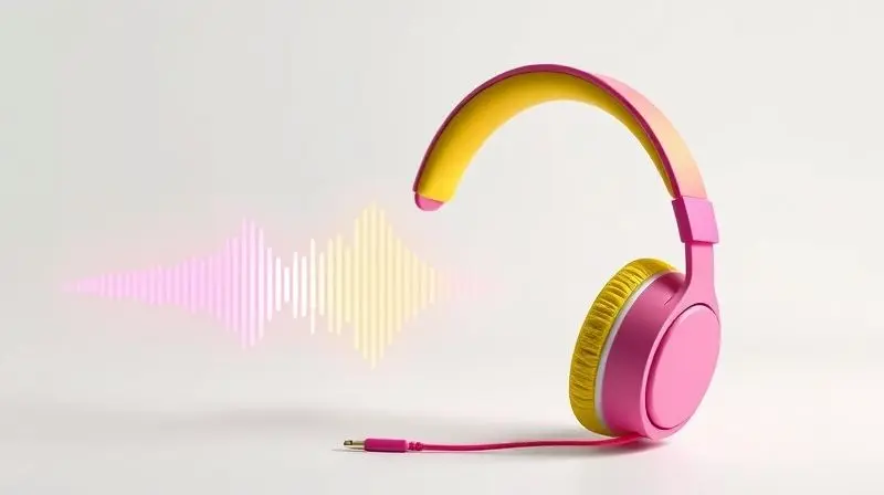 Ilustração de um fone de ouvido infantil com ondas sonoras suaves ao lado, simbolizando a importância do controle de volume para a segurança auditiva.