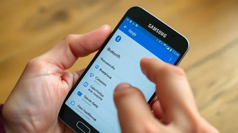 Tela de um celular Samsung mostrando a lista de dispositivos Bluetooth disponíveis, com um dedo prestes a selecionar o fone de ouvido para parear.