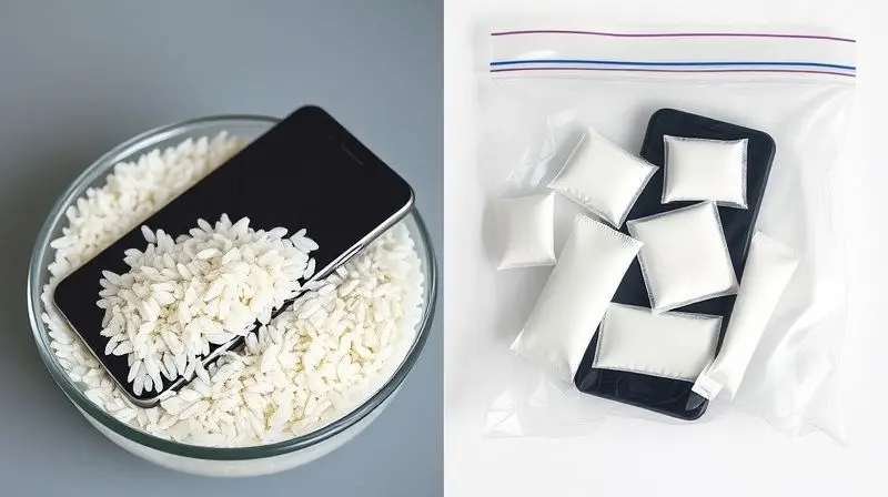 Comparativo visual mostrando um celular no arroz de um lado e em um saco com sílica gel do outro, destacando a sílica como a melhor opção.
