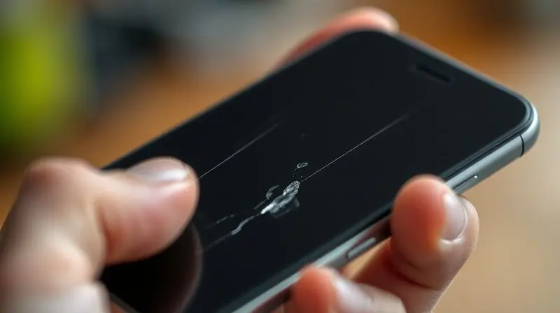 Pessoa segurando um celular com sinais de danos permanentes por água na tela, como manchas e linhas, indicando a necessidade de reparo.
