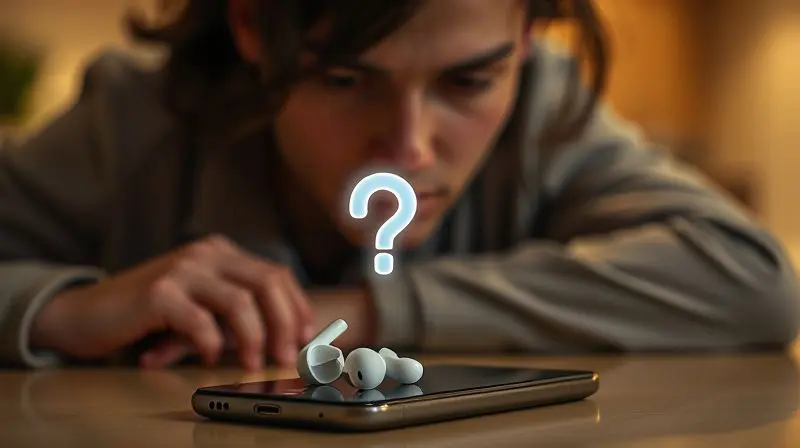 Pessoa com expressão pensativa olhando para o fone e o celular, buscando uma alternativa após o reset do dispositivo não ter funcionado.