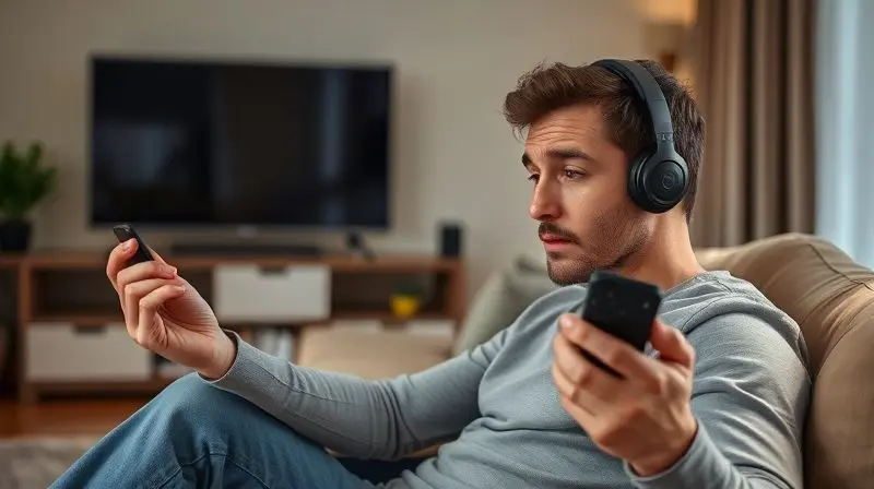 Pessoa com expressão pensativa segurando fones e controle remoto, buscando soluções para problemas comuns de pareamento Bluetooth com a TV.