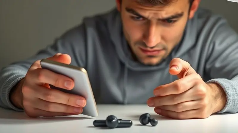 Pessoa com expressão pensativa olhando para um celular e fones de ouvido, ilustrando um problema de conexão Bluetooth que precisa ser solucionado.