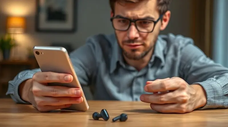 Pessoa com expressão pensativa olhando para um fone TWS e um celular, ilustrando problemas comuns de conexão Bluetooth.