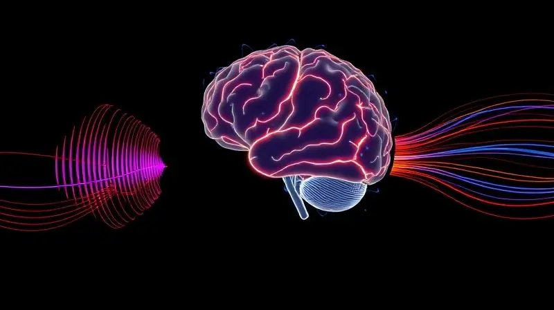 Representação visual do cérebro processando som estéreo para criar uma noção de espaço e direção, com ondas sonoras vindo de lados diferentes.