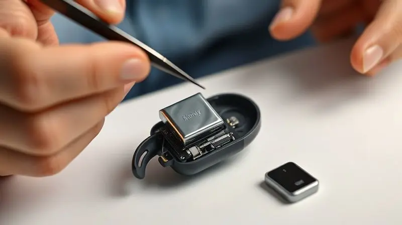 Passo a passo visual da substituição da bateria de um fone de ouvido bluetooth, mostrando a remoção da bateria antiga com uma pinça de precisão.