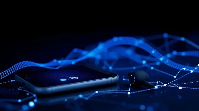 Ilustração conceitual da tecnologia Bluetooth conectando um fone de ouvido sem fio a um smartphone através de ondas de sinal digital azul.