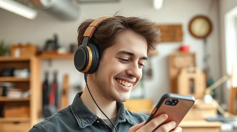 Pessoa sorrindo de satisfação ao testar um fone de ouvido caseiro recém-montado, conectado a um smartphone em uma oficina organizada.