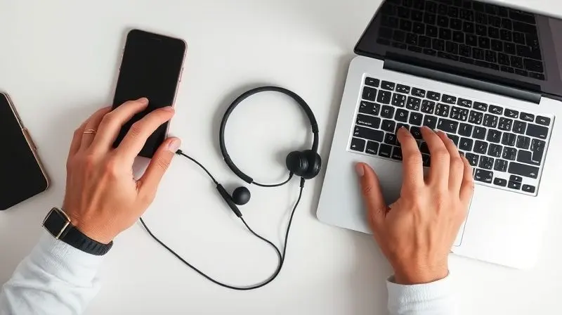 Uma pessoa conectando o mesmo fone de ouvido a um smartphone e a um notebook para testar se o ruído persiste em diferentes aparelhos.