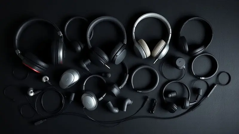 Diferentes modelos de fones com cancelamento de ruído, incluindo over-ear e in-ear, organizados sobre uma superfície escura para comparação.