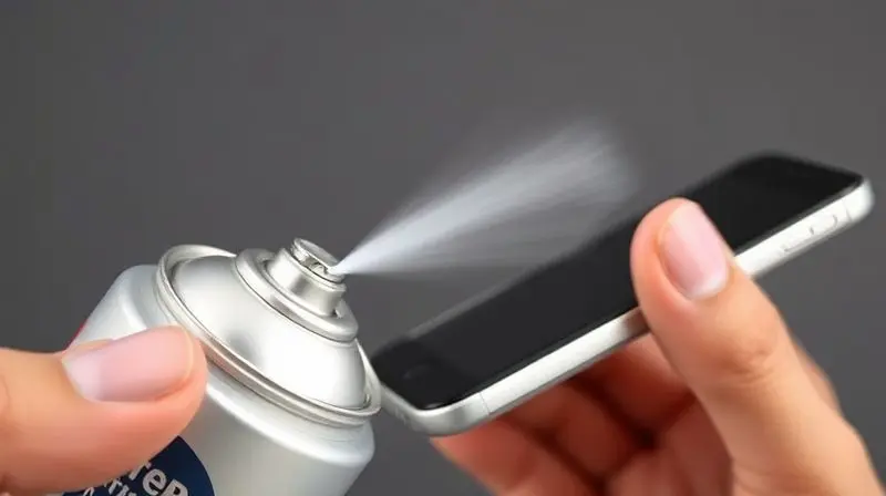 Pessoa usando uma lata de ar comprimido para soprar e remover poeira e detritos da entrada do fone de ouvido de um aparelho eletrônico.