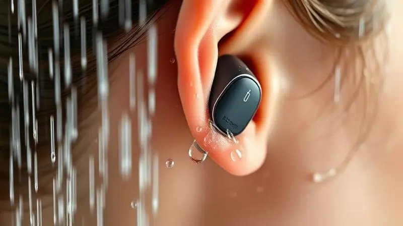 Close-up de um fone de ouvido à prova d'água na orelha de uma pessoa sob o chuveiro, ilustrando a possibilidade de usar o aparelho durante o banho.