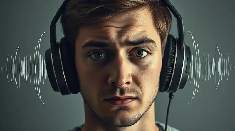 Pessoa com expressão confusa usando fones do lado errado, com som representado de forma caótica, ilustrando a perda da noção espacial.