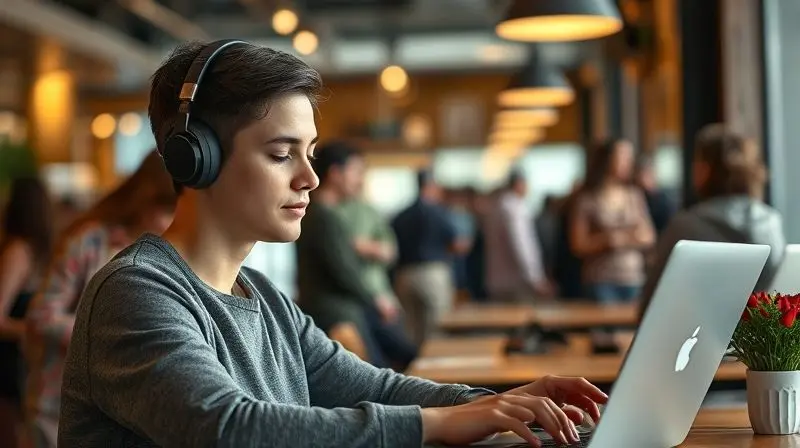 Uma pessoa trabalhando com foco total em um café movimentado, usando fones de ouvido com cancelamento de ruído para se isolar do barulho ao redor.