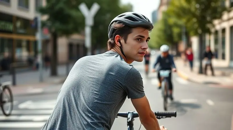 Ciclista em uma rua urbana usando fones de condução óssea, olhando para o lado, demonstrando a vantagem de ouvir o trânsito e música.