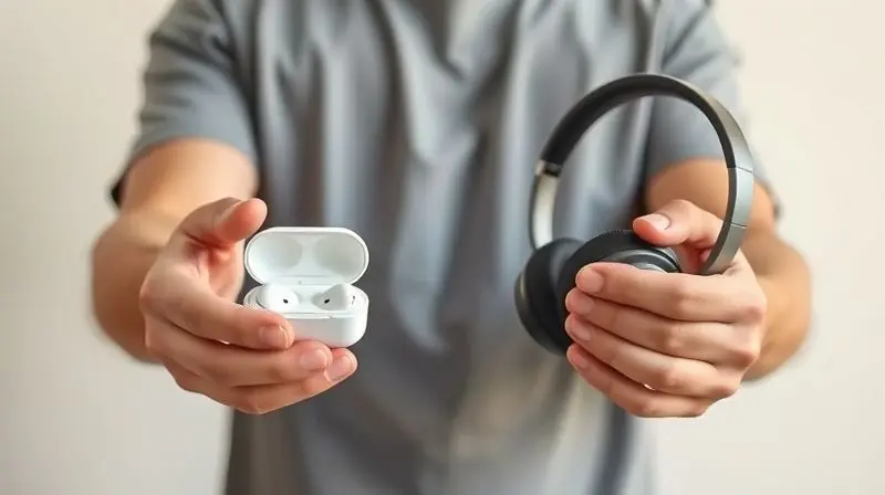Uma pessoa segurando um fone TWS e um headphone, em um momento de decisão para o veredito final sobre qual modelo de fone de ouvido escolher.