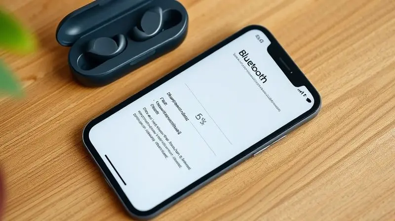 Tela de celular exibindo a porcentagem da bateria de um fone de ouvido Bluetooth conectado, com os fones ao lado do aparelho.