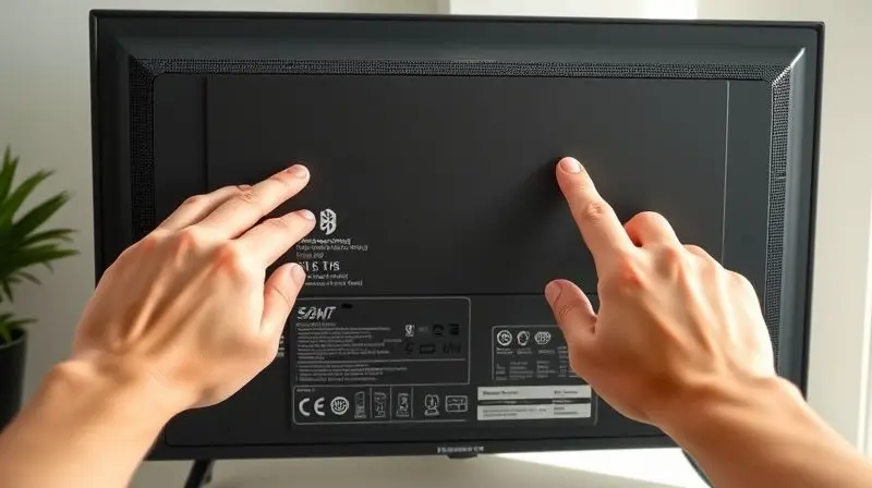 Pessoa verificando as especificações na parte de trás de uma TV para confirmar a compatibilidade com Bluetooth antes de conectar um fone de ouvido.