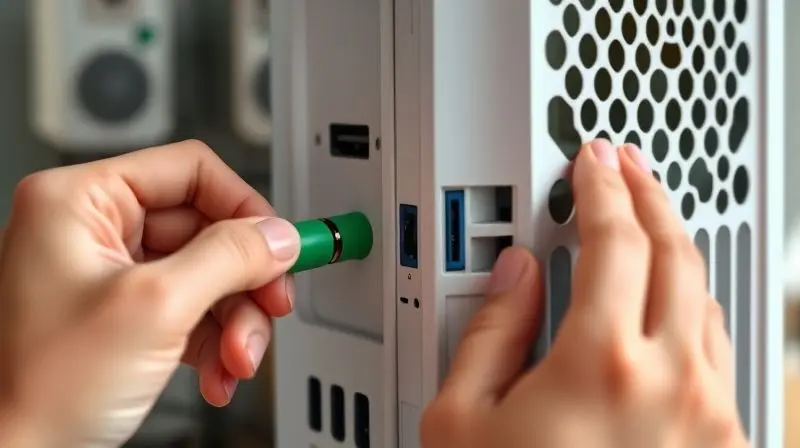 Pessoa conectando o cabo de áudio na parte traseira de um computador para verificar as conexões e solucionar problemas de som.
