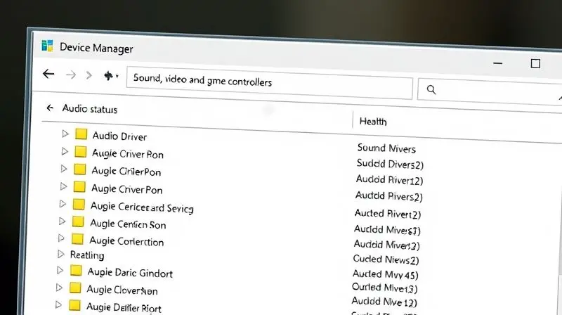 Gerenciador de Dispositivos do Windows mostrando a lista de drivers de áudio para verificação de status e possíveis erros.
